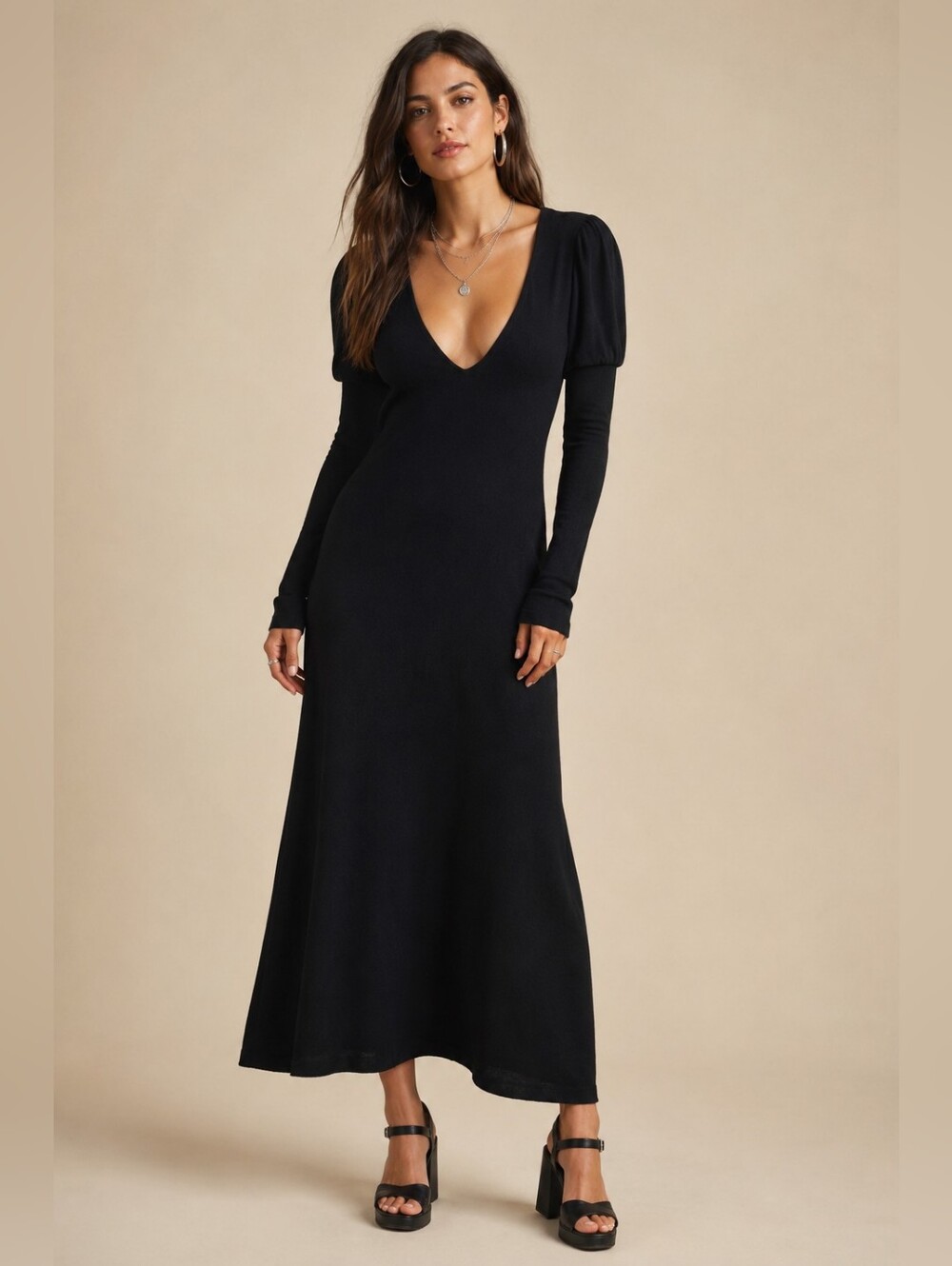 Rebecca Taylor Black Knit Puff Sleeve Maxi Dress NWT | Deep V-Neck | Size Large